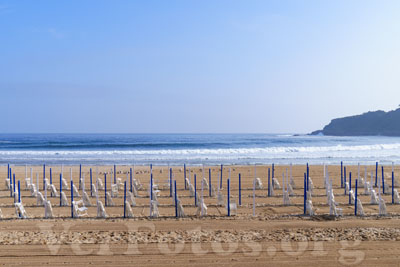 La playa de la Zurriola ofrece vistas del mar, con aguas cristalinas y exuberante costa, ideal para disfrutar en la ciudad de Donostia-San Sebastian.
